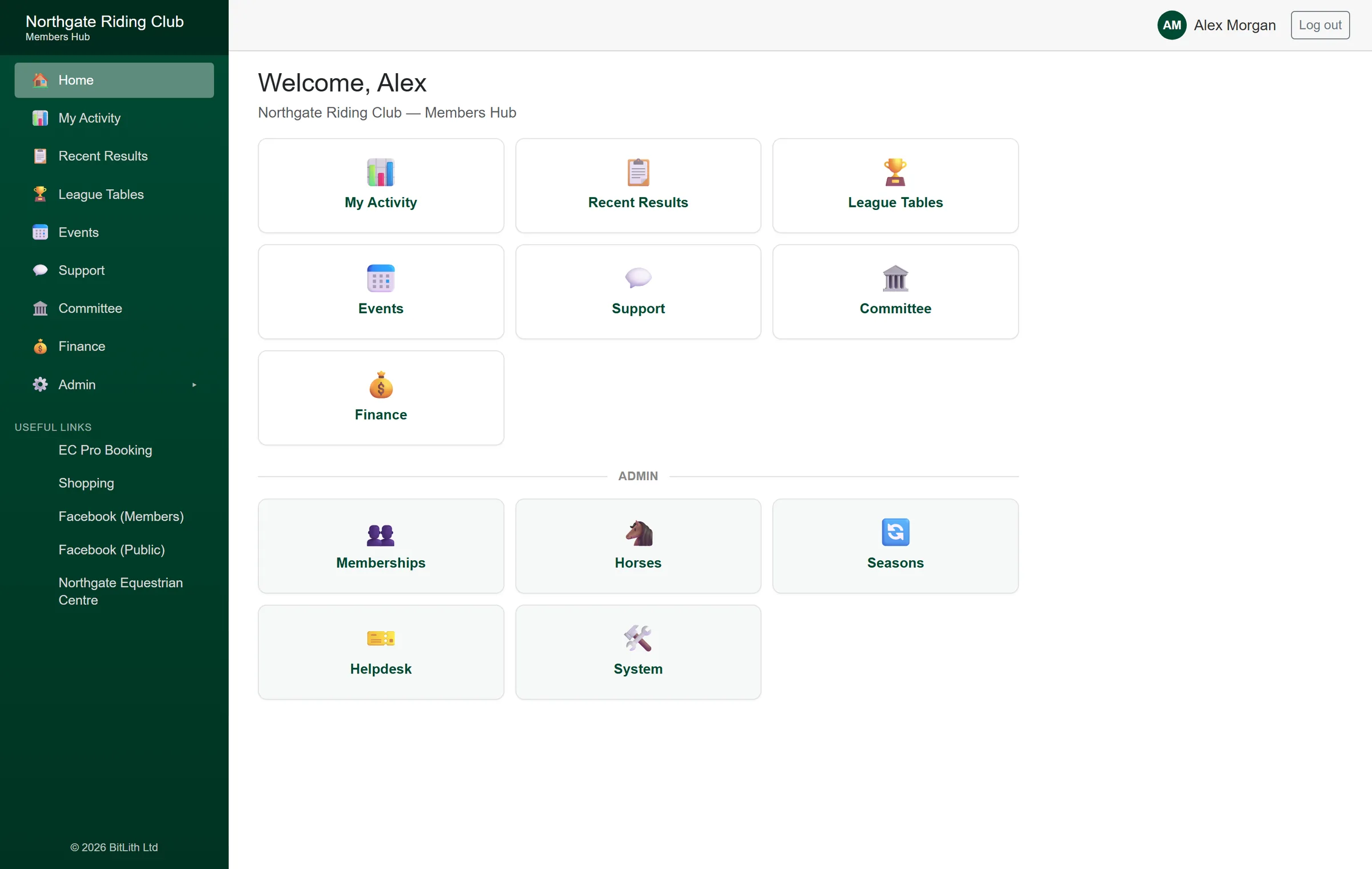 The Members Hub dashboard, showing role-aware tiles in a club's own branding.